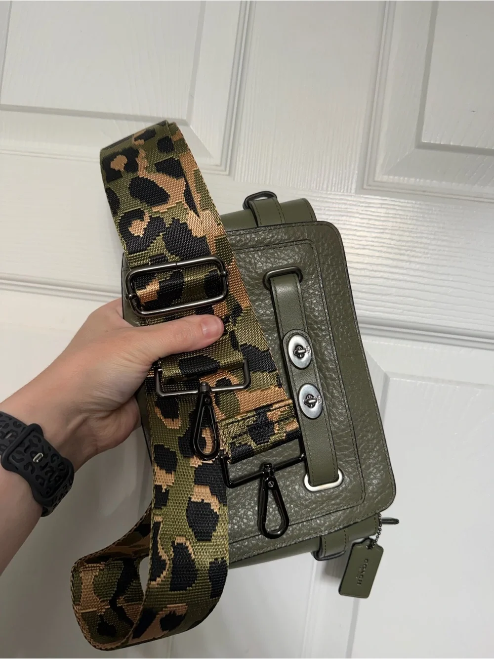 Coach Olive Green Pebbled Leather Crossbody with Leopard Print Strap